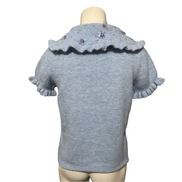ZARA Peter Pan Beaded Collar Blue Cropped Knit Sweater Ruffle Trim Women’s Large - Picture 5 of 14